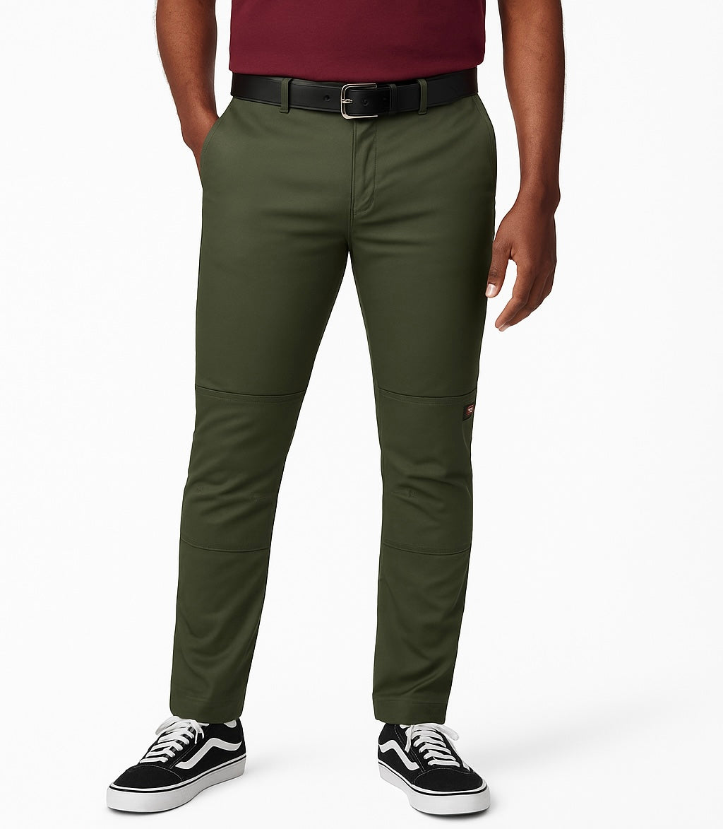 FLEX Skinny Fit Double Knee Work Pants in Olive Green